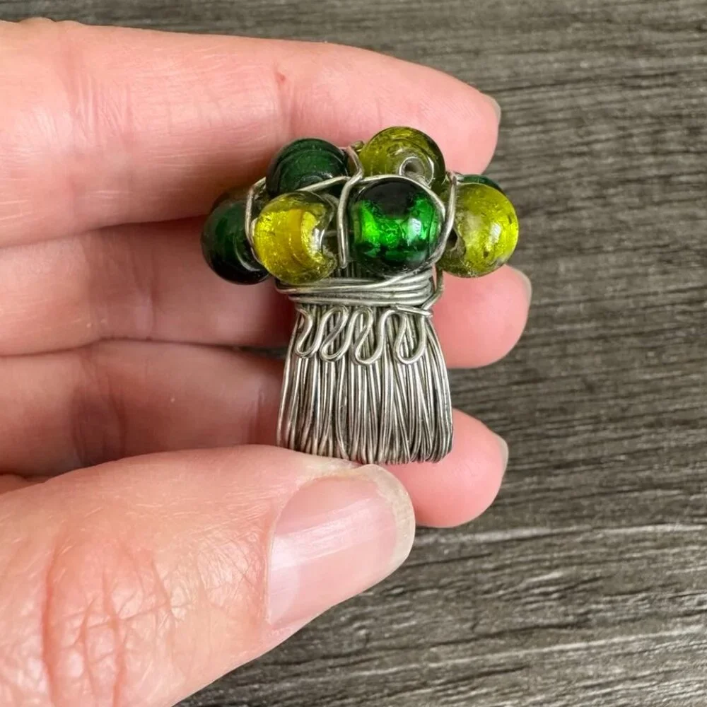 Handmade Wire-Wrapped Stainless Ring with Green & Yellow Glass Beads Size, 5.5